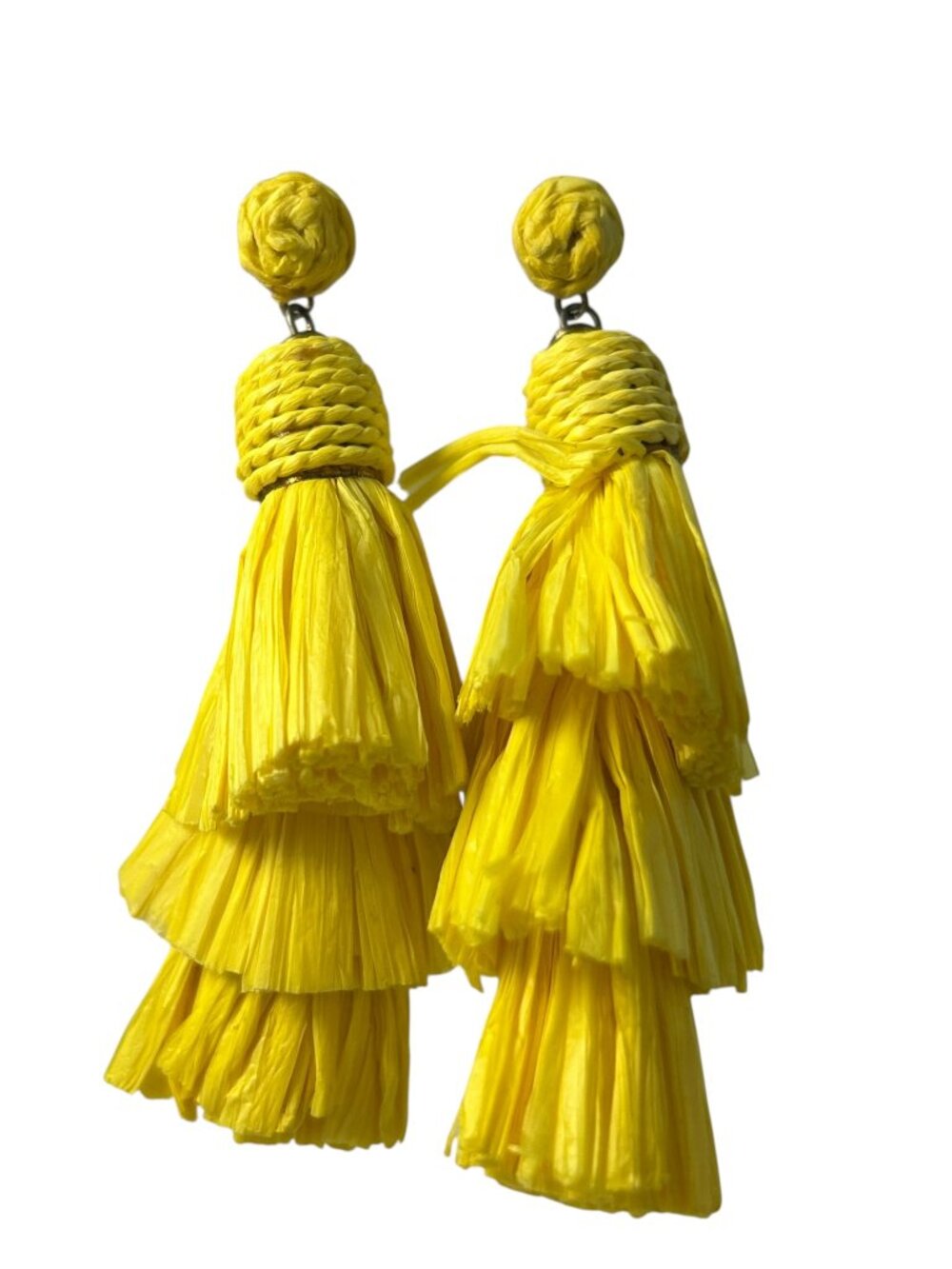 Bright Yellow Raffia Tiered Tassel Dangle Earrings Statement Boho Fringe